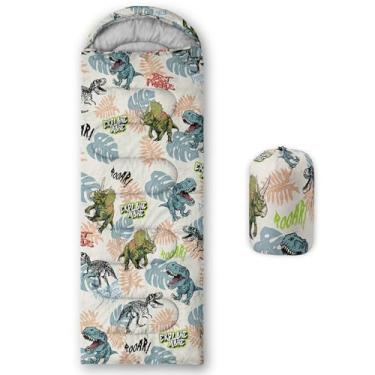 Imagem de QOOMO Sacos de dormir de acampamento com estampa de dinossauro, clima quente e frio, leve, sacos de dormir à prova d'água para adultos e crianças, viagens e ao ar livre, equipamentos de acampamento