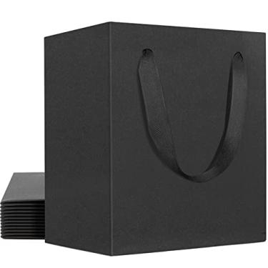 Imagem de EUSOAR Sacos de presente tamanho mini pretos, pacote com 12 sacos de papel kraft de 10 x 7 x 11,4 cm em massa com alças, bolsas resistentes para casamento, compras, boutique, varejo, joias, lembrancinhas, chás de bebê, aniversários