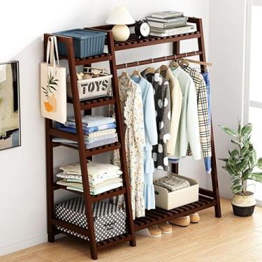 Imagem de Arara de roupas de madeira maciça com prateleiras, suporte para pendurar roupas, suporte duplo independente para entrada e quarto, marrom, 110 cm