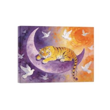 Imagem de BMZFYBS Impressão em tela de arte de parede animal - Tigre na lua - Pintura de decoração moderna - Imagens para casa pronta para pendurar tela emoldurada 60 x 80 cm 24 x 31 polegadas