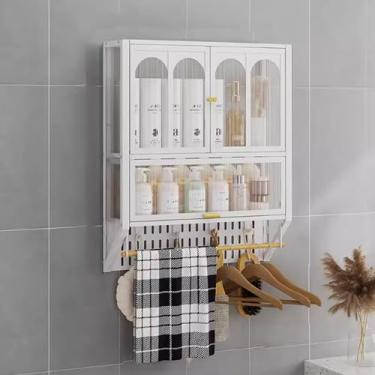 Imagem de Armário de remédios de metal montado na parede para armazenamento de banheiro, prateleiras ajustáveis, penteadeira acima do vaso sanitário com barra de toalha, armário de parede elegante para