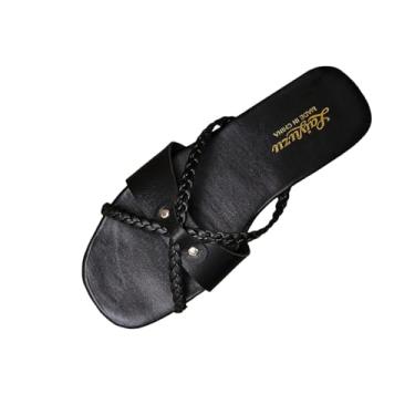 Imagem de Sandálias femininas planas com alça envolvente para primavera, verão, casual, confortável, bico aberto, sapatos de praia bidirecionais com salto de 1 cm, Preto, 36