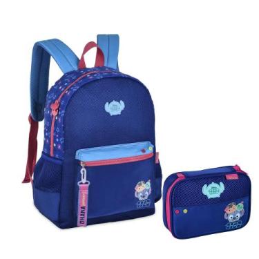 Imagem de Kit Mochila De Costas Estojo Box Escolar Disney Stitch Ohana, Azul mar
