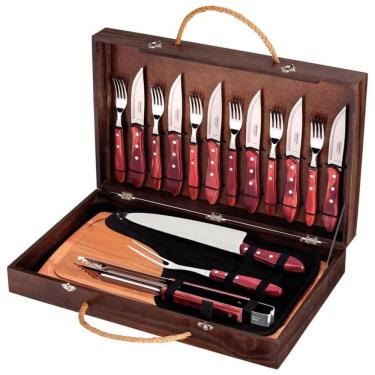 Imagem de Conjunto para Churrasco Polywood 17 Peças com Estojo Cabos de Madeira Tratada e Lâminas em Aço Inox Vermelho Tramontina