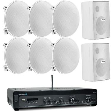 Imagem de Kit Amplificador Frahm Slim 4100 300W + 6 Arandelas 6 FR 40W Redondas 