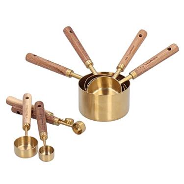 Imagem de 8 peças de copos medidores dourados de aço inoxidável, copos medidores com alças de madeira, conjunto de colheres e copos medidores para cozinhar e assar
