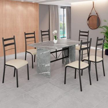 Imagem de Conjunto Sala de Jantar Mesa Retangular 140x75cm Tampo Granito Topázio 6 Cadeiras Marselha Creme / Preto Fosco