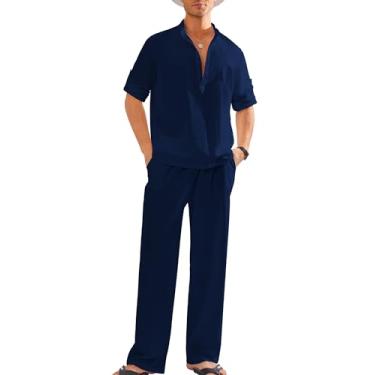 Imagem de WESIDOM Conjunto masculino de 2 peças de algodão e linho Henley camisa manga comprida de enrolar + calça casual verão conjuntos de praia, Azul marinho, M
