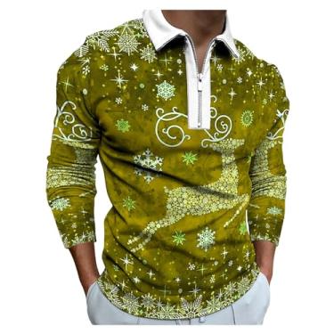 Imagem de Camisa polo masculina estampa de rena 3D digital estampada, pulôver de manga comprida combinando com cores, Amarelo, 3G