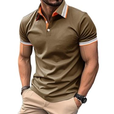 Imagem de Camisa casual masculina de manga curta com 3 botões - blusas clássicas de algodão leve para primavera e verão, Caqui, M