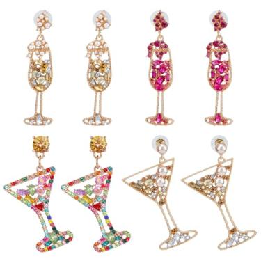 Imagem de UNICRAFTALE Brincos longos de garrafa de champanhe e strass com 4 estilos de taças de vinho Martini, lindos brincos de coquetel, novos brincos de álcool, para presentes de festivais de casamento,