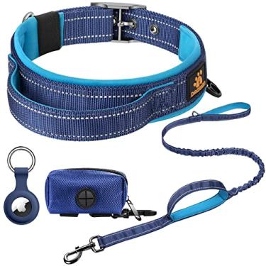 Imagem de DAGANXI Coleira ajustável macia de neoprene acolchoada respirável com tira reflexiva de nylon para cães pequenos, médios e grandes, com estojo Airtags e dispensador de sacos para cocô de cachorro (grande, azul/azul-petróleo)