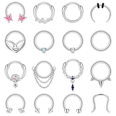 Imagem de LOYALLOOK 16 peças de anéis de septo de 16 g para mulheres e homens com pingente de aço cirúrgico joias septo clicker ferradura piercing nariz argola articulada segmento daith hélice tragus cartilagem
