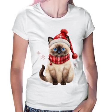 Imagem de Baby Look Gato Natalino Gorro e Cachecol - Foca na Moda, Branco, GG