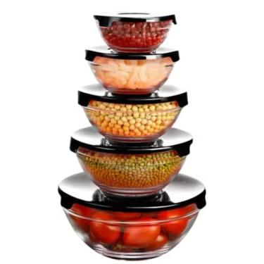 Imagem de KIT 5 Potes de Vidro Herméticos com Tampa para Conservação e Organização da Cozinha para Geladeira, Microondas - CORES SORTIDAS - Conjunto de Tijelas, Vasilhas, Bowls e Bacias Redondas