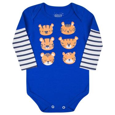 Imagem de Body Bebê Tigrinhos, Manga Longa, Azul, 3 a 6 Meses, Gaga Baby