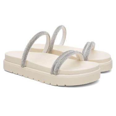 Imagem de Sandália Feminina Papete 2 Tiras Rasteira  Brilho - Via Livre, Branco,
