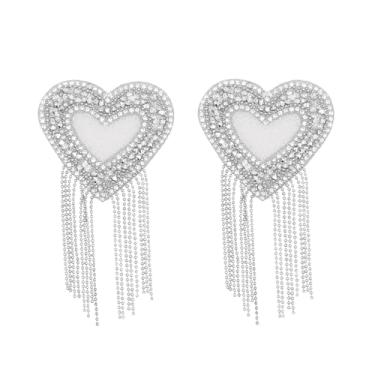 Imagem de ZGMYC Capa de mamilo de corrente de metal de strass brilhante com borla, adesivo reutilizável, sutiã sexy, Formato de coração prateado com borla de contas, tamanho �nico