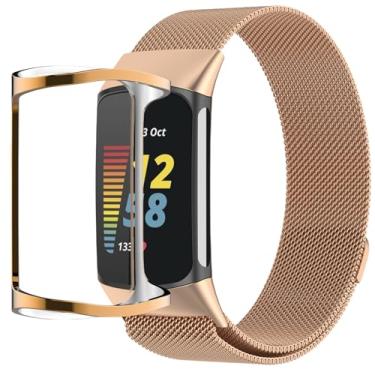 Imagem de QIEMUTER Pulseiras com capa compatível com Fitbit Charge 6/5, pulseira trançada ajustável de metal com fecho magnético, capa protetora de TPU (poliuretano termoplástico) de aço inoxidável para homens