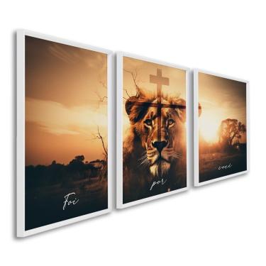 Imagem de Quadro Decorativo Religioso Foi Por Você Cruz E Leão Com 3 Telas Cm De Parede Para Escritório Banhei Branco