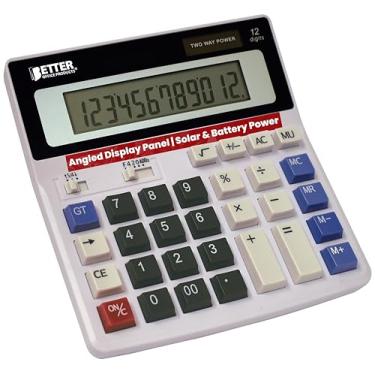 Imagem de Calculadora eletrônica de desktop extra grande, visor LCD de 12 dígitos, painel de exibição angular, por Better Office Products, 4 teclas de memória de função, cinza claro, alimentação dupla com alimentação de bateria AA incluída