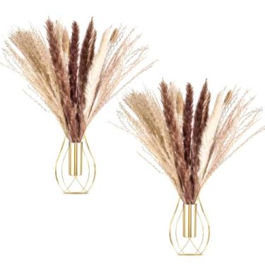 Imagem de Otoolling 2 peças decoração de parede boho arte de parede de metal pendurado plantador com pampas artificiais montado na parede moderna decoração de casa exibição arte planta vaso suspenso para quarto