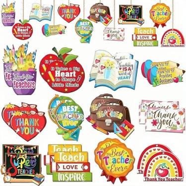 Imagem de 24 peças de ornamentos para pendurar no dia do professor para árvores – agradecimento, professor, placas de madeira, lápis, maçãs, recorte de madeira, para decoração de sala de aula de volta às aulas