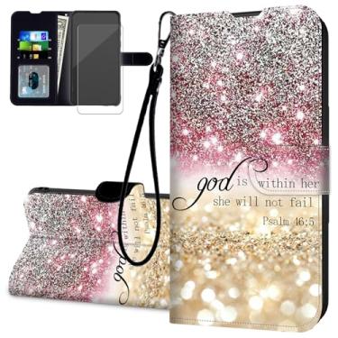 Imagem de RAUEDWDJS Capa carteira para Google Pixel 10 Pro XL com protetor de tela, suporte de cartão de couro PU com alça de pulso flip à prova de choque 6,8 polegadas 2025-Rosa Glitter Psalm 46:5