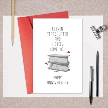 Imagem de Cartão engraçado de aniversário de 11 anos, cartão de aniversário de 11 anos para ele, presente de trocadilho de aniversário de aço para marido ou esposa, onze anos depois e I Steel Love You