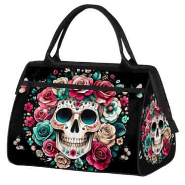 Imagem de Bolsa pequena de fim de semana para mulheres, bolsa de ginástica Foldie de lona, compacta, bolsa de transporte, esportiva, viagem, noite do pijama, hospital para viagem, bagagem, Esqueleto rosa crânio