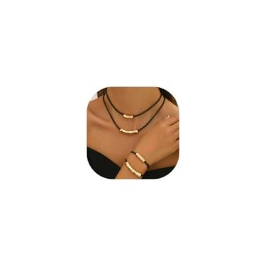 Imagem de Colar de couro tecido preto, corrente de corda de cera para mulheres, pingente de bambu cilíndrico prateado simples e elegante com fio de cera, pingente minimalista de camada dupla, conjunto de