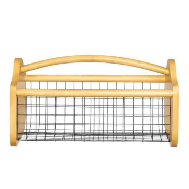 Imagem de Gardenised Cesta vintage de madeira de pinheiro e malha de metal, moldura de madeira com alça curvada para frutas, legumes, organização de cozinha, armazenamento decorativo, decoração de casa e