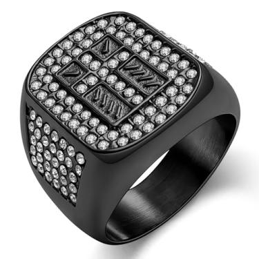 Imagem de Oaldilee Anel de cruz masculino crucifixo de zircônia cúbica de aço inoxidável para homens, banhado a ouro 18 K, preto, anel de Jesus Cristão Religioso de Prata, Tamanho 7-14, Metal, Zircônia cúbica
