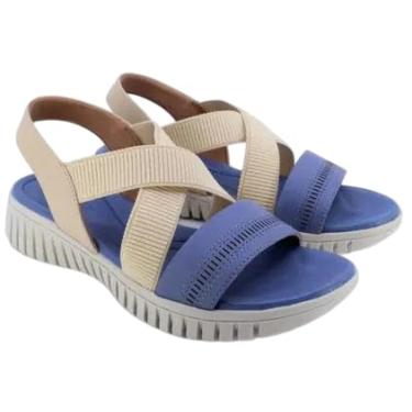 Imagem de Usaflex Sandália Feminina Conforto, Tiras Cruzadas em Couro, Azul e Bege, Sola Flexível (BR, Adulto, Numérico, 37)