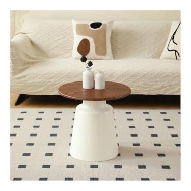 Imagem de Mesa de centro redonda, conjunto de 2 mesas de nidificação com acabamento de madeira em estilo creme, mesa de cabeceira lateral de sofá para quarto, base de aço carbono, nogueira, P