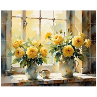 Imagem de TAOPAOLAB Kit de pintura de rosas amarelas em vaso por números para adultos - Pintura de janela floral DIY em tela 40,6 x 50,8 cm, conjunto de tinta acrílica, adequado para iniciantes, arte para