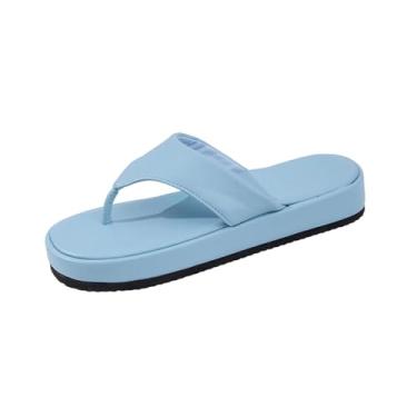 Imagem de Sandálias femininas modernas, casuais, de verão, cor sólida, bico redondo, estilo agasalho, sola grossa, chinelos rasos, Azul royal claro, 38