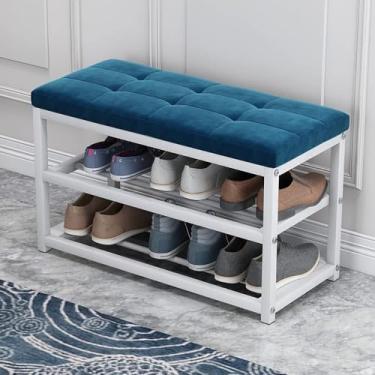 Imagem de Cabideiro De Metal Em Pé Com Banco De Sapatos 3 Em 1 Árvore De Hall De Entrada Com Sapateira De 2 Camadas Organizador De Prateleira De Armazenamento De Metal Com 10 Ganchos P, E, 50X30X45CM