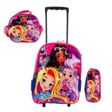 Imagem de Mochila Rodinha Barbie Princesa Rosa Lancheira Estojo Menina