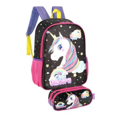 Imagem de Kit Mochila Escolar Infantil Menina de Costas e Estojo Unicórnio Passe