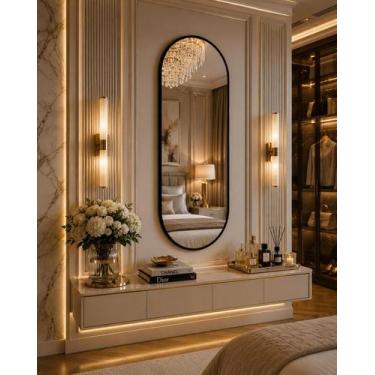 Imagem de Espelho Oval de Parede com Moldura de Couro Design Moderno e Sofistica