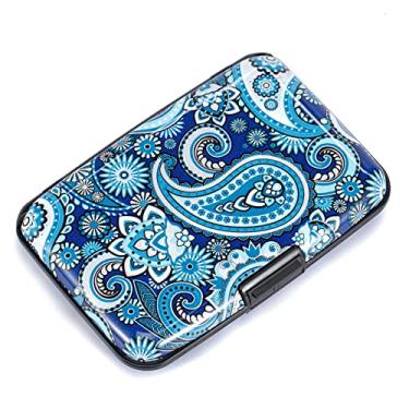 Imagem de ELFISH Mini carteira de alumínio RFID porta-cartões de crédito capa de identificação de metal para homens e mulheres (flor azul)
