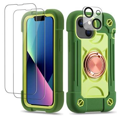 Imagem de Cookiver Capa para iPhone 13 Mini/iPhone 12 Mini de 5,4 polegadas com suporte de anel, com 2 películas de vidro + 1 pacote de protetor de lente de câmera, capa resistente de grau militar (abacate)