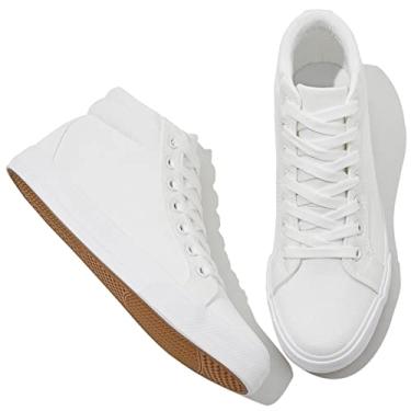 Imagem de XRH Tênis feminino de lona preta para caminhar, tênis branco antiderrapante de cano alto com cadarço, moda casual tênis de cano médio (confortável, respirável, moderno), Branco, 7.5