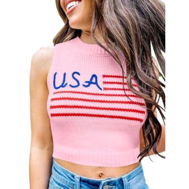 Imagem de Tankaneo Camiseta regata feminina com bandeira americana gola alta 4 de julho patriótica verão sem mangas suéter colete, rosa, M