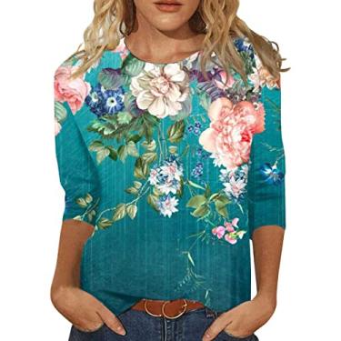 Imagem de Camisetas femininas de manga 3/4 com estampa floral vintage moda casual solta com gola redonda plus size 2024, Ofertas Relâmpago Azul, M