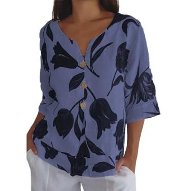 Imagem de Camisetas femininas de linho com botões estampados, gola V, algodão, floral, verão, manga curta, túnica casual solta, Roxa, P
