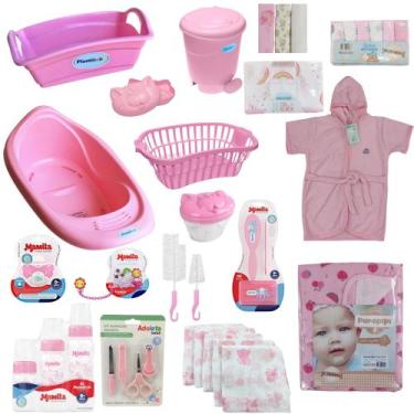 Imagem de Kit Enxoval de Bebê Banheira Cesto Balde Roupão Kit Higiene e Mamadeir