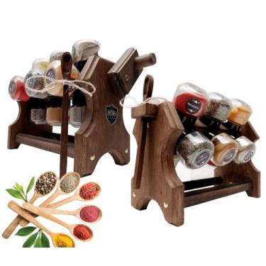 Imagem de Porta Temperos em Madeira com Manivela 12 Potes e Colher - Boss Arte e