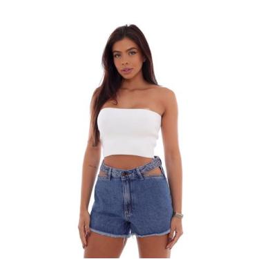 Imagem de Shorts Jeans Mom Feminino Cintura Alta Cut Out Aplicação 22601 Escura 